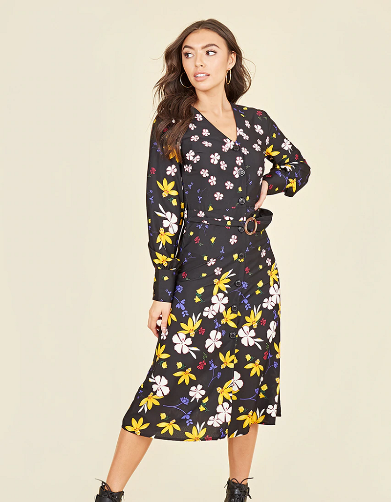 Lydia Multi Floral Button Front Belted Midi Dress